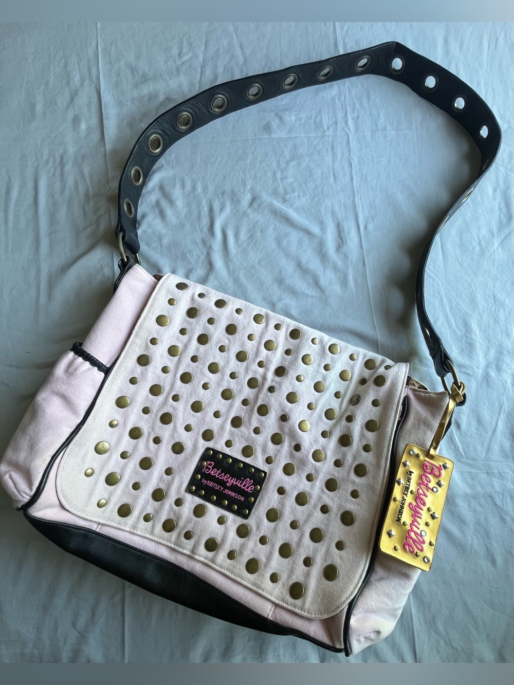 Betseyville Betsey Johnson Pink Studded Crossbody Messenger Bag VTG Rare Leopard
